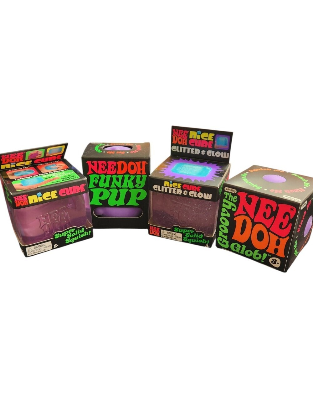 NEW NeeDoh Purple Bundle of 4 Nice Cube/Glitter&Glow Cube/Funky Pup/Groovy Glob